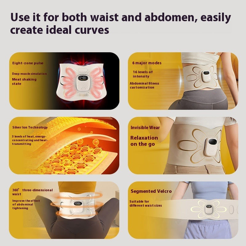 Heat Compress Fitness Massage Belt features including eight-zone pulse, six modes, silver ion technology, and segmented Velcro.